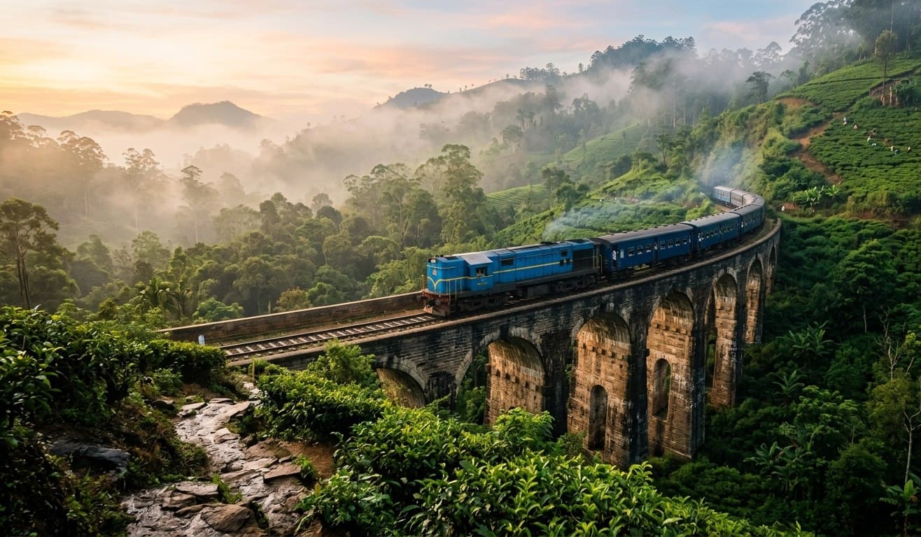 Blue train crossing the Nine Arch Bridge among tea plantations in Ella